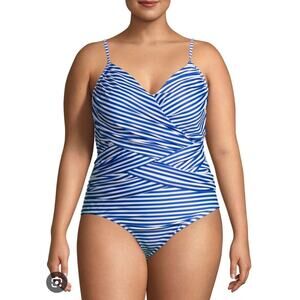 Nicole Miller Studio Swimsuit Plus Size 3X Blue White Striped Criss Cross